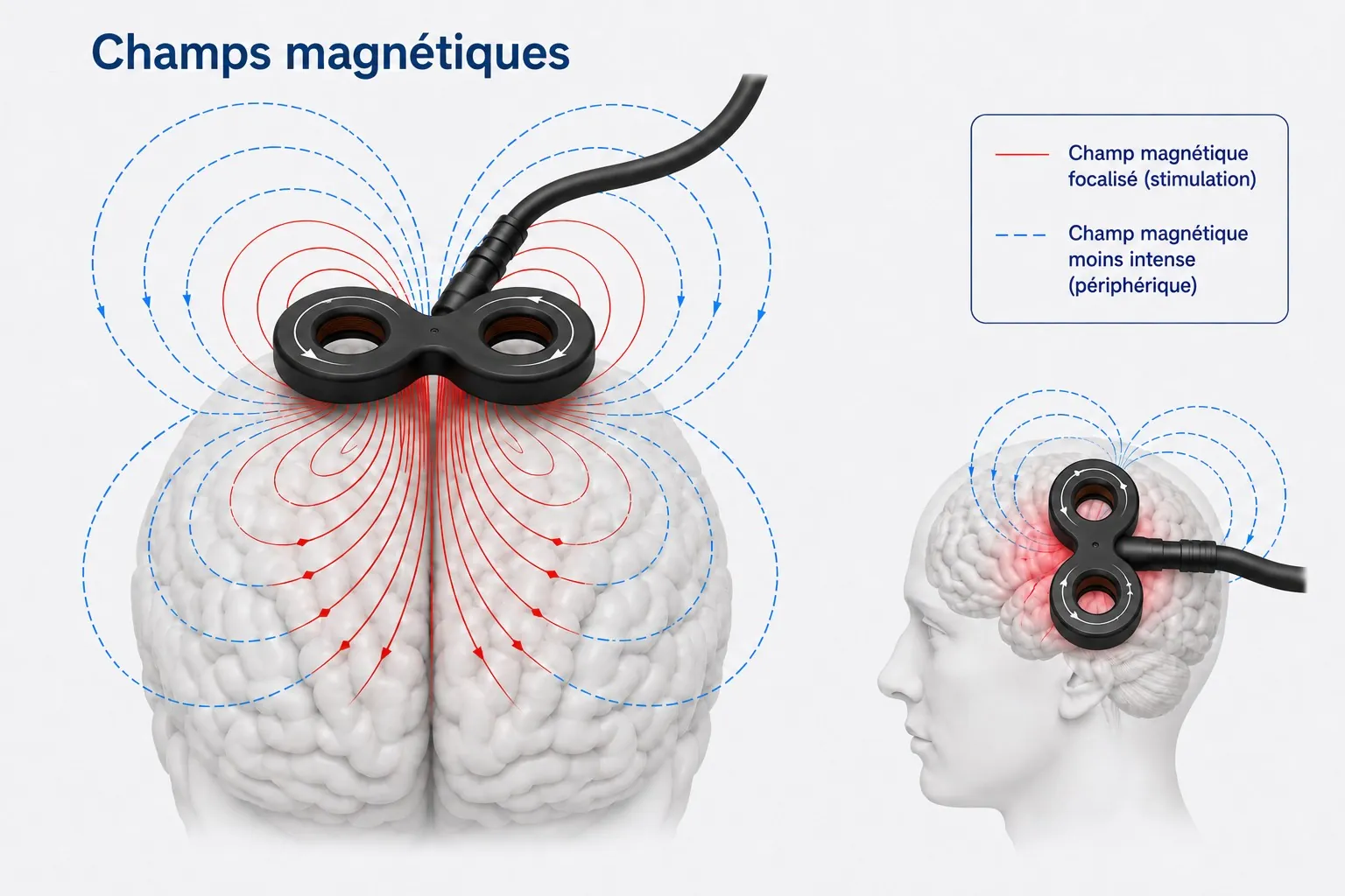 Schéma du champ magnétique focalisé produit par la bobine de rTMS et de sa diffusion dans le cerveau