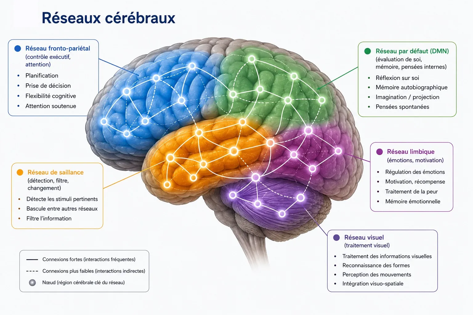 Schéma des grands réseaux cérébraux : fronto-pariétal, réseau par défaut, saillance, limbique et visuel
